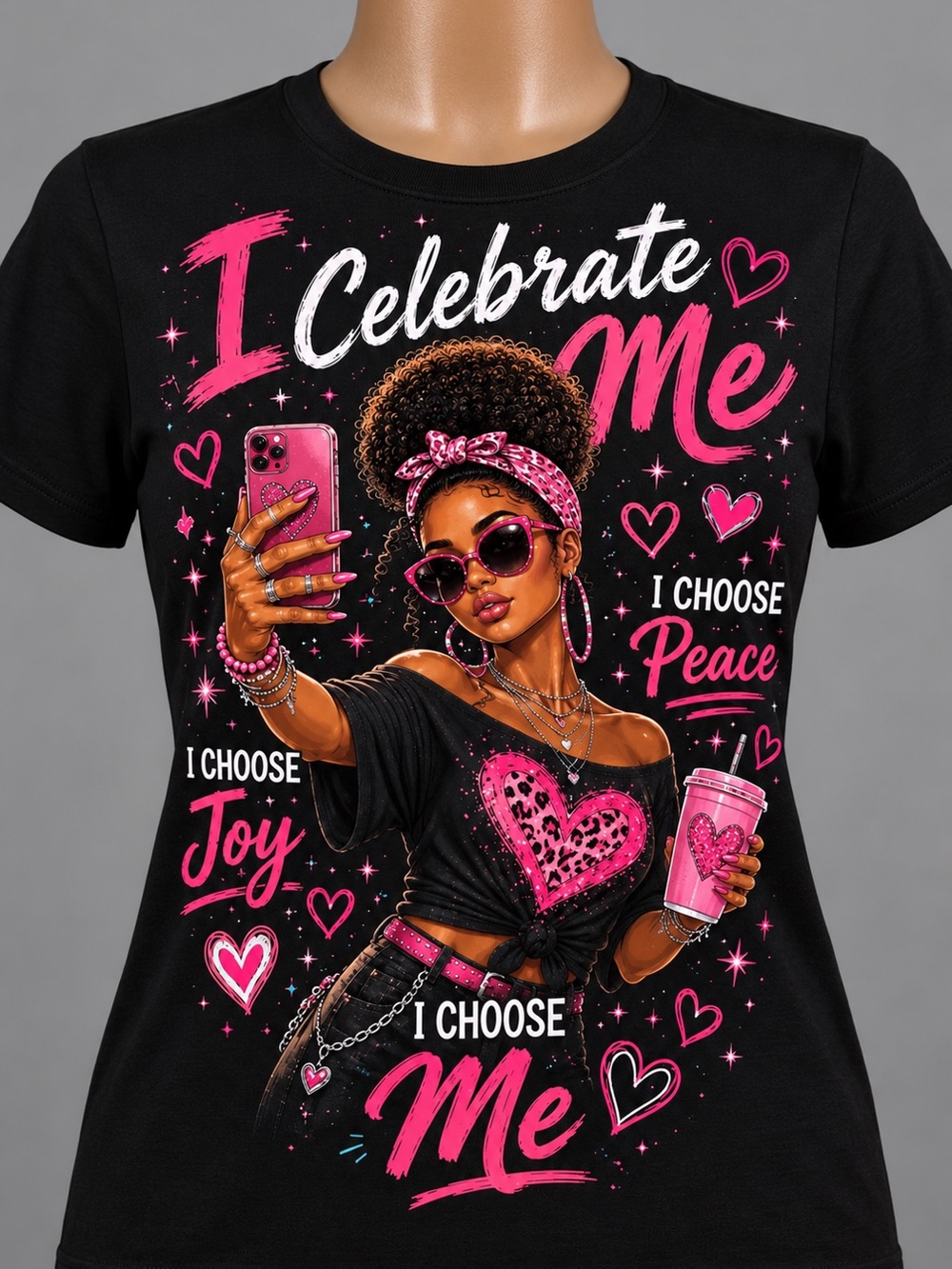 I Celebrate Me Black Tee with Pink Graphic